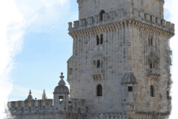 a castle with water in the background with Belém Tower in the background