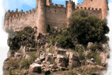 a castle with water in the background